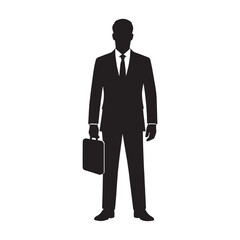 Professional businessman in a sharp suit and tie holding a briefcase standing confidently as a stark black silhouette against a clean white background representing success and corporate power silhouet