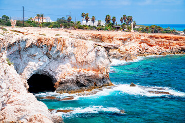 Picturesque coast of Cyprus with rocks, caves, and the turquoise Mediterranean Sea, Ayia Napa. The most beautiful places in Cyprus.