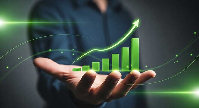 A person holding a green bar graph with an upward trend arrow