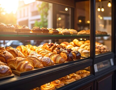 Bakery display case with assorted pastries
