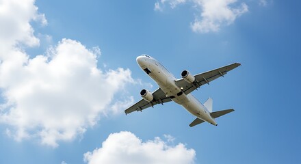 Fototapeta premium Airplane Ascending into a Bright Blue Sky with Puffy White Clouds Ideal for Travel and Transportation Imagery