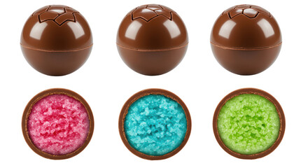 Fototapeta premium Chocolate Spheres with Colorful Filling on Transparent Background Representing Variety of Sweet Confections