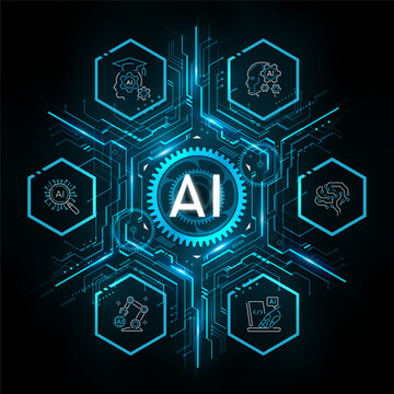 Artificial Intelligence Logo on futuristic technology Hexagon background icon, AI agentic technology concept, neural network, big data, digital Hud futuristic and deep learning, vector illustration