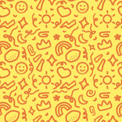 A cheerful doodle pattern in red on a bright yellow background. Perfect for children's designs and fun projects.