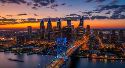 Obraz premium Philadelphia skyline at dusk highlighting the Ben Franklin Bridge and urban landscape