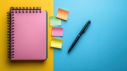Colorful Office Supplies with Notepad and Sticky Notes on Table