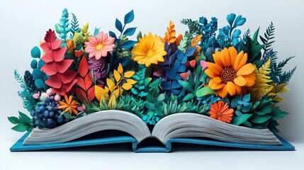 Colorful Paper Flowers Blooming from Open Book with Lush Greenery
