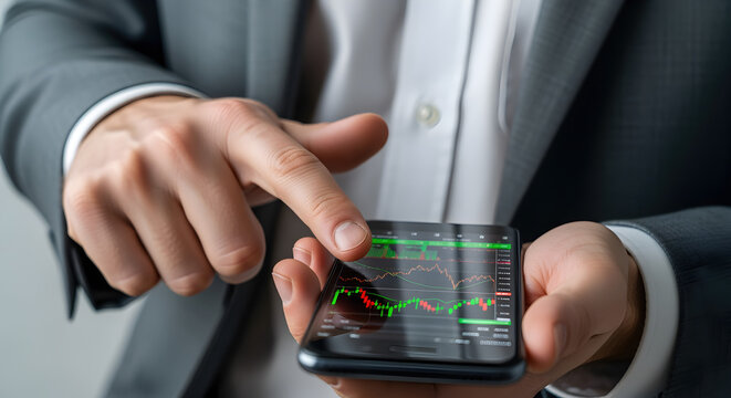 Person in Gray Suit Examining Stock Market Trends on Smartphone with Green and Red Graph