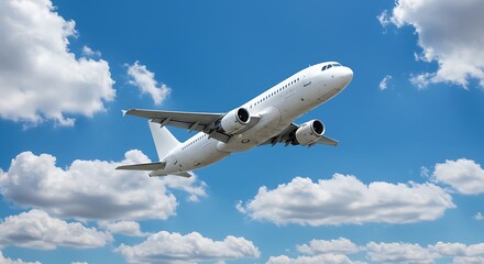 Obraz premium Commercial airplane soaring through a bright blue sky dotted with fluffy white clouds offering a sense of travel and adventure