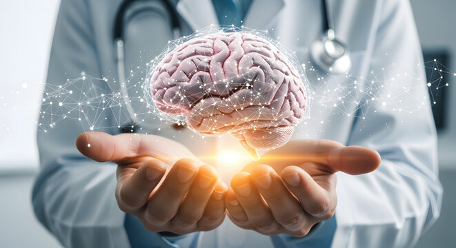 Person in Doctor Coat Holding Brain Model with Digital Network and Orange Glow Medical Concept