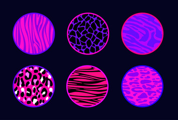 Trendy girly circles in y2k style with wild animal print textures - zebra stripes, giraffe spots and leopard patterns for sticker designs. Tiger markings for accessories decoration.