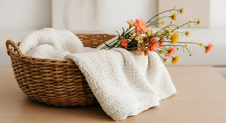 "Comfortable Wicker Basket with Plush White Pillows and Cozy Blanket for Relaxation"