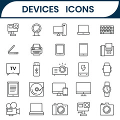 Devices icon set. Silhouette of Device line icon vector such as  smartphone, tablet, computer, headphones, projector, TV, camera, speaker, smartwatch, microphone and more. Vector illustration.