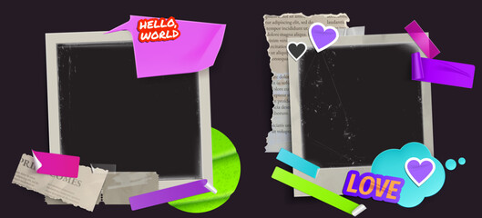 Mixed media photo collage in y2k aesthetic - frame elements with torn newspaper, tape strips for scrapbook layouts. Heart stickers and transparent adhesive scotch for nostalgic memory book