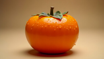 Macro Image of Ripe Orange Persimmon with Smooth Skin, Dewdrops, and Sharp Studio Lighting
