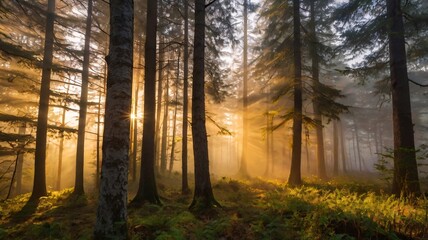 Obraz premium Sunrise Over Misty Forest with Golden Light Streaming Through