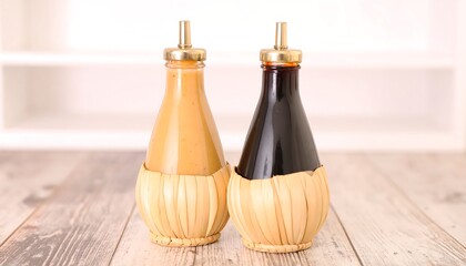 Two Glass Bottles with Raffia Covers and Brass Dispensers Containing Sauces