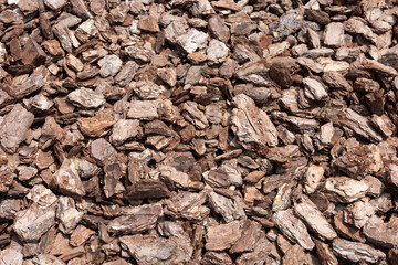 Close-up of natural wood mulch, ideal for garden and landscape backgrounds.