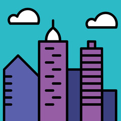 Colorful modern cityscape illustration with urban tall buildings and sky in flat vector style