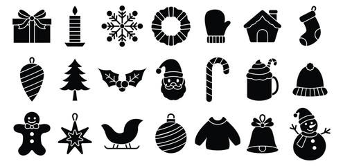 Monochrome Christmas Icon Set with Gift Candle and Snowflake, Decoration, Bell, Wreath, Stocking, Snowman, Festive, Ornament Symbol Vector Design Illustration on White Background