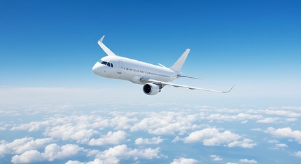 Fototapeta premium Passenger Airplane Flying Above Clouds on a Sunny Day Aviation and Travel Industry Theme Commercial Flight in Clear Blue Sky