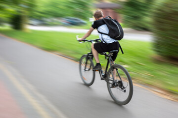 Obraz premium A cyclist on a bike, enjoying a fast ride down a path, with motion blur.