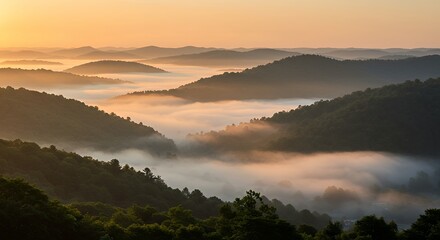 Obraz premium Sunrise Over Rolling Green Hills Misty Mountain Landscape