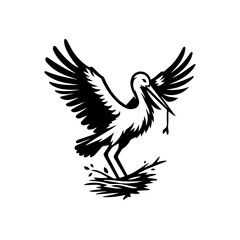 Obraz premium Stork with wings spread, holding a branch in its beak