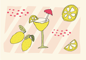 Lemons and cocktails, summer illustration scene, Italian summer