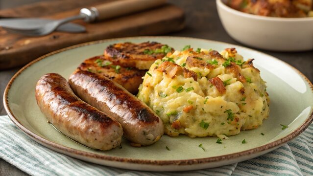 Satisfying plate of bubble and squeak with sausages served on a rustic table setting