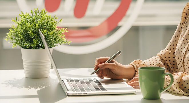 Person Working on Laptop at White Desk with Green Mug and Potted Plant in Brightly Lit Office Space