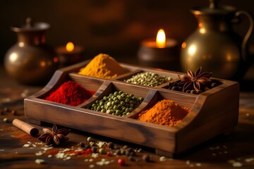 Aromatic Spices in Wooden Tray with Candlelight