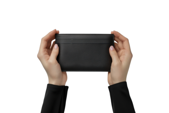 Elegant black wallet held in hands against a plain background during a bright indoor setting - Powered by Adobe