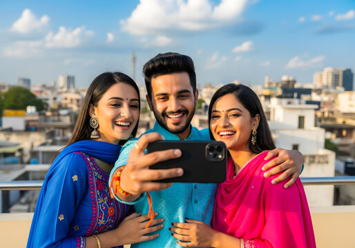 Three smiling young adults, two women and one man, take a selfie on a rooftop under a bright blue sky, feeling happy