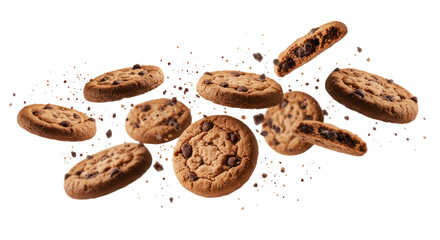 Close-Up Shot Of Flying Chocolate Chip Cookies Against Transparent Black Background