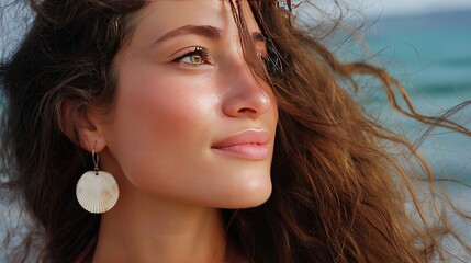Portrait of a woman with beachy waves in her hair, seashell earrings, natural makeup soft ocean breeze