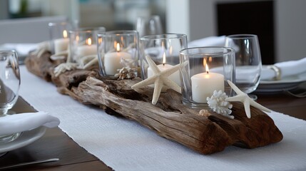 Rustic driftwood centerpiece with candles and starfish, white linen table elegant coastal dining