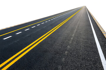 Perspective view of a long empty asphalt highway with double yellow lines and white dashed lane markers leading towards a bright hazy horizon