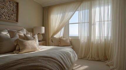 Serene coastal bedroom with sheer curtains flowing in sea breeze, sandy beige tones, shell decor soft natural light