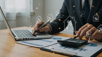 Decoding Mortgage Rates: Man in Suit Analyzes Home Loan Percentages with Laptop, Calculator, and Financial Charts - Real Estate Investment & Finance Explained - Powered by Adobe