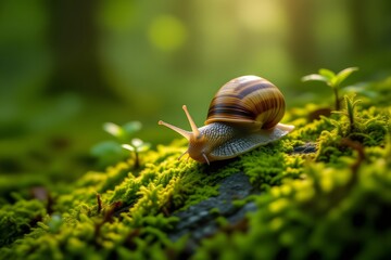 Close-up of a Snail Crawling on Mossy Surface