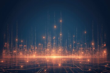 Futuristic digital background with glowing data streams and circuit patterns, city lights innovation theme