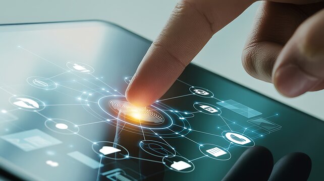 Finger touching futuristic digital interface with glowing icons and network connections - Powered by Adobe