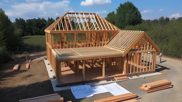Construction site revealing wooden framing, blueprint documents, building materials scattered across ground, clear blue sky overhead during daylight hours