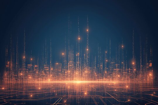 Futuristic digital background with glowing data streams and circuit patterns, city lights innovation theme