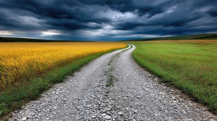 A winding gravel road runs through expansive fields under a dramatic cloudy sky