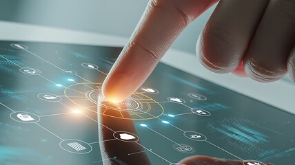 Close up of a finger touching a futuristic digital interface with glowing icons and data streams