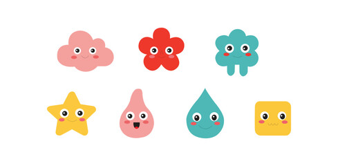 Obraz premium Cute shape face icons, Set of colorful cartoon style geometric characters including clouds stars flowers and drops with happy expressions
