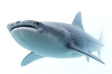 Fototapeta premium Great white shark swimming underwater with a blue ocean background.