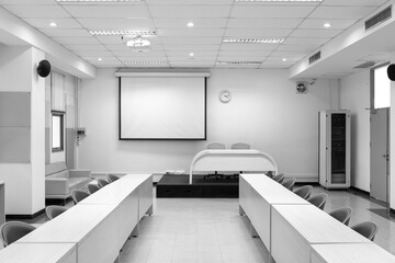Interior conference room, meeting room, boardroom, Classroom, Office, with white projector board.